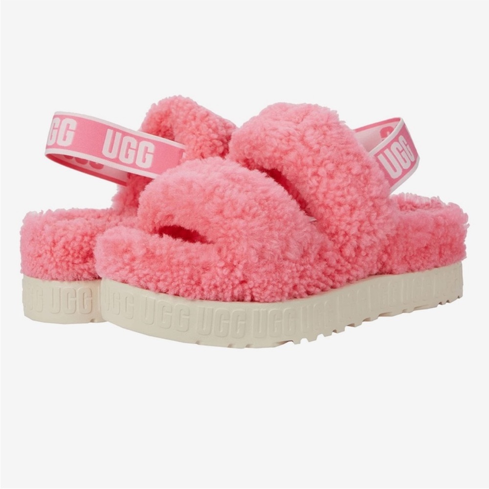 New pink fuzzy ugg platform slippers